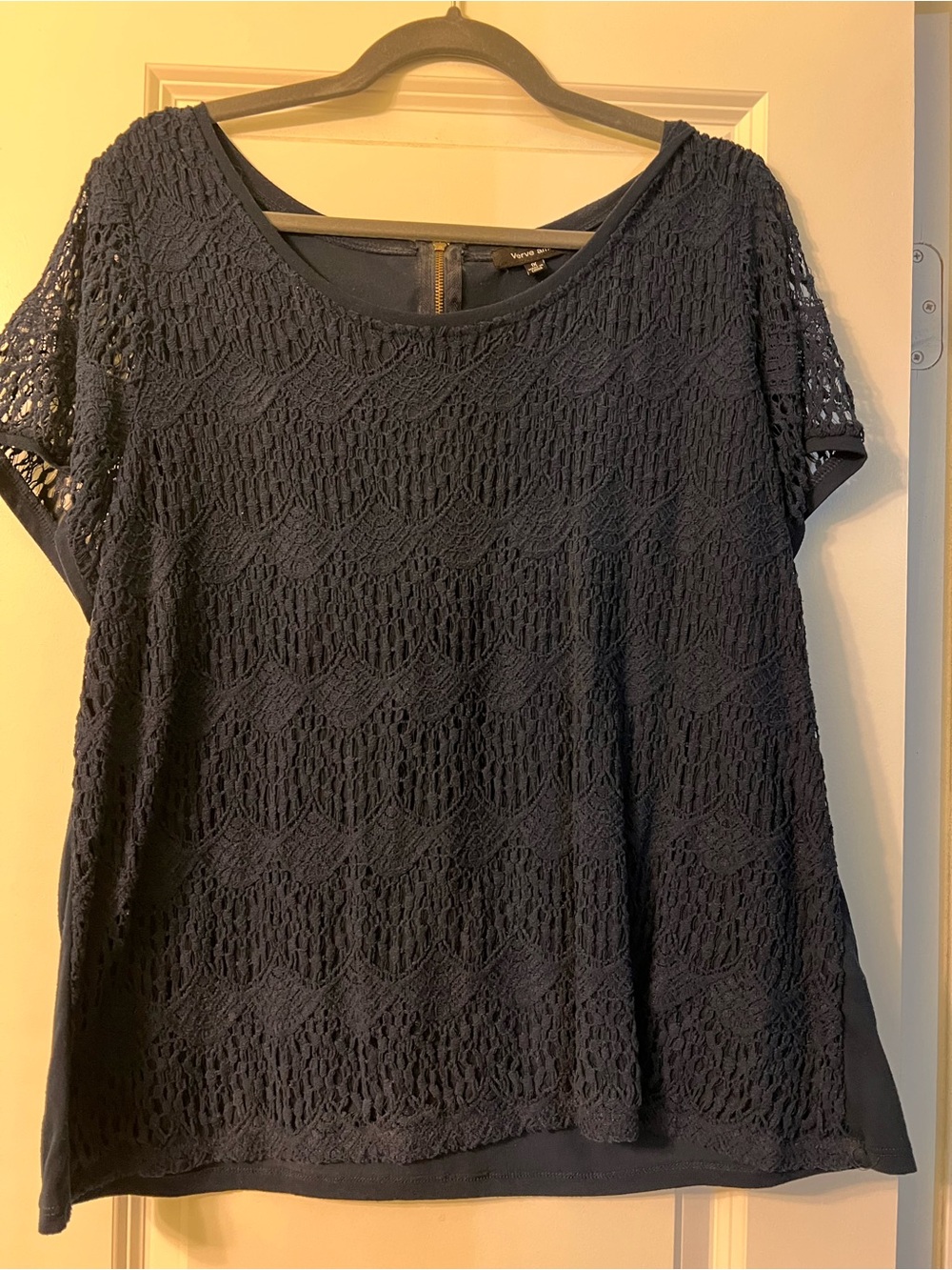 Verve Ami Navy Crochet Lace Short Sleeve Blouse